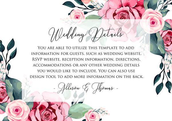 Wedding detail card watercolor rose floral greenery online editor 5x3.5 in anniversary invitation