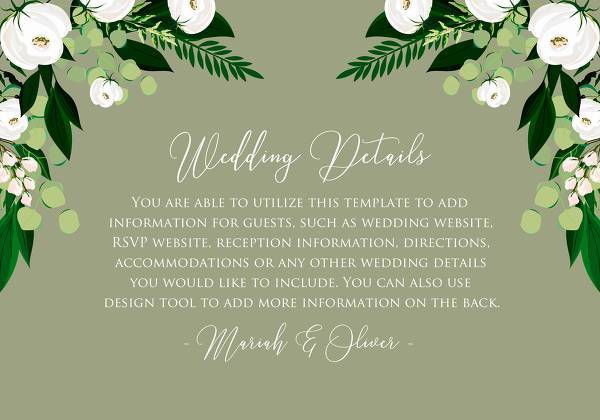 Wedding Details card greenery herbal grass white peony watercolor pdf custom online editor 5x3.5 size