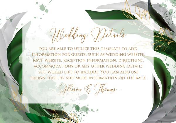 Wedding invitation set watercolor splash greenery floral wreath, floral, herbs garland gold frame online editor