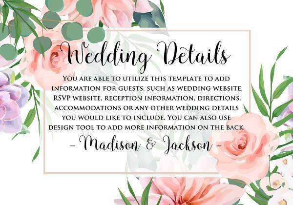 Wedding details card pink garden rose peach chrysanthemum lavender succulent herbal greenery eucalyptus 5x3.5 in custom online editor for invitations