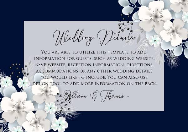 Wedding Details card white hydrangea navy blue background floral card online invitation template card maker custom editor 5x3.5