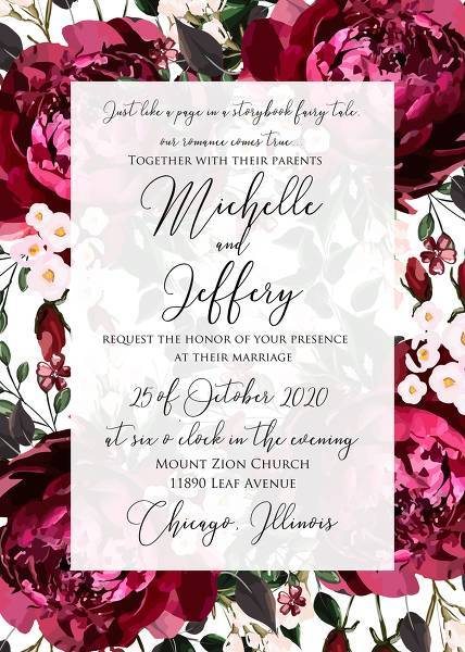 Marsala dark red peony wedding invitation greenery burgundy floral customize online cards