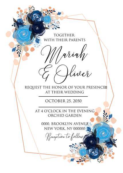 Wedding invitation royal blue rose indigo watercolor floral wedding invitation 5x7 size