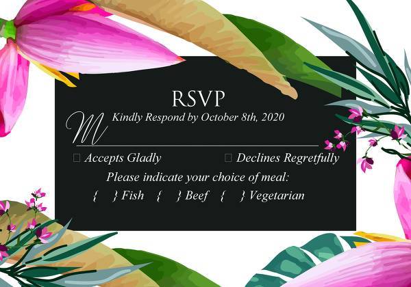 Wedding invitation card set pink pink tropical flowers of banana grass leaves palm edit template