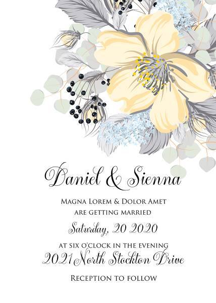 Wedding invitation floral card vector template white rose,cotton, jasmine, eucalyptus leaves watercolor floral marriage background floral wreath online editor