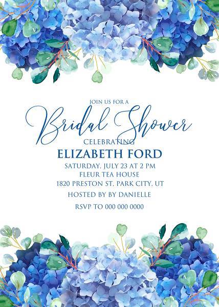 Blue hydrangea eucalyptus greenery wedding invitation set, floral invitations, baby shower, bridal shower, engagement, seating chart,wedding details, save the date, table, menu, thank you, rsvp card design. Blue, purple, sapphirine flower of hydrangea flowers on a white background customizable template