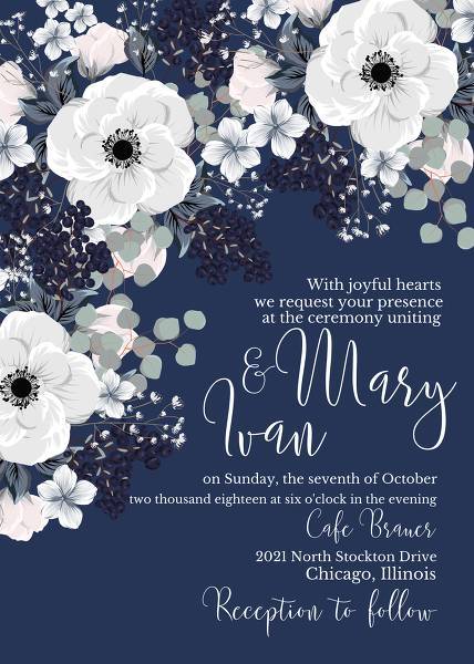 Wedding invitation set white anemone flower card template on navy blue background printable eucalyptus blackberry Menu, rsvp, thank you card, wedding details card, save the day card, baby shower invitation , bridal shower invitation, engagement party invitation, seating chart banner, table card online editor invitation editor invitation maker