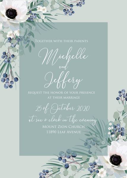 Wedding invitation set white anemone mint menthol greenery blackberry wedding invitation maker