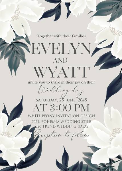 Beautiful white peony Wedding invitation trends 2020 digital card printable template create and edit invitations online for free personalized invitation