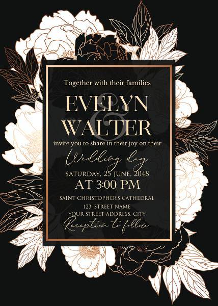 White peony foil gold stamping custom card template wedding invitation set printable invitation, pdf editor