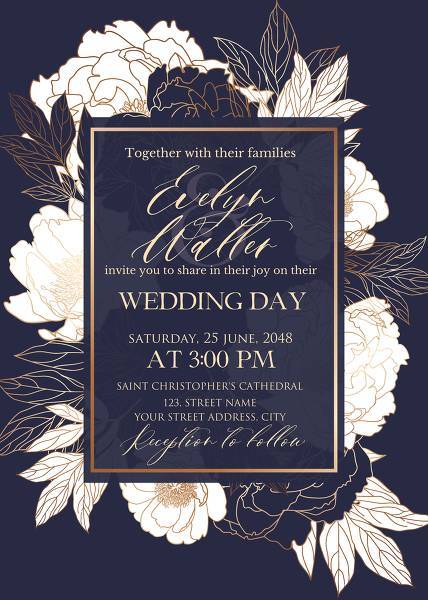 White peony foil gold stamping custom card template wedding invitation set 