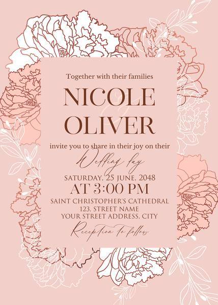 White peony foil gold stamping custom card template wedding invitation set design in copper rose with leaf branches maker