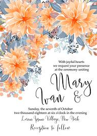 Autumn Halloween wedding invitation greeting card orange peach chrysanthemum sunflower floral dahlia customizable template