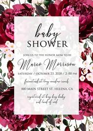Baby shower invitation marsala dark red peony wedding greenery burgundy floral 5x7 in Customize online cards