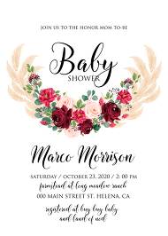 Baby shower invitation Marsala peony rose pampas grass pdf custom online editor 5x7