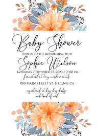 Baby shower invitation peach chrysanthemum sunflower floral printable card template 5x7 in edit online