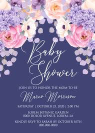 Baby shower invitation pink peach peony hydrangea violet anemone eucalyptus greenery pdf custom online editor 5x7 inch