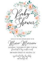 Baby shower invitation set blush wreath peach rose peony sakura watercolor floral eucaliptus 5x7 in personalized invitation