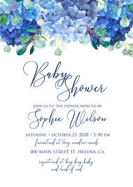 Baby shower invitation set watercolor blue hydrangea eucalyptus greenery 5x7 in invitation maker