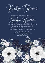 Baby shower invitation set white anemone flower card template on navy blue background 5x7 in edit online