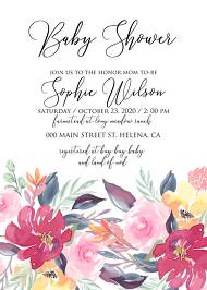 Baby shower invitation watercolor wedding marsala peony pink rose eucalyptus greenery 5x7 in pdf invitation maker