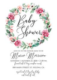 Baby shower invitation wreath watercolor rose floral greenery 5x7 in custom online editor decoration bouquet