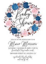 Baby shower wedding invitation pink navy blue rose peony ranunculus floral card template 5x7 in template