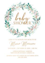 Baby shower wedding invitation set gold leaf laurel watercolor eucalyptus greenery 5x7 in