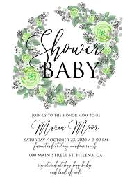 Baby shower wedding invitation set green rose ranunculus camomile eucalyptus 5x7 in template