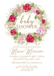 Baby shower wedding invitation set red pink rose greenery wreath card template 5x7 in invitation maker
