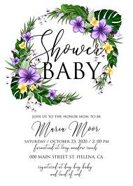 Baby shower wedding invitation set tropical violet yellow hibiscus flower palm leaves 5x7 in personalized invitation
