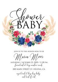 Baby shower wedding invitation set watercolor navy blue rose marsala dark red peony pink anemone greenery 5x7 in