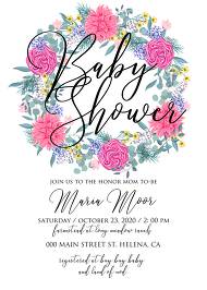 Baby shower wedding invitation set watercolor pink peony rose chrysanthemum dahlia 5x7 in template