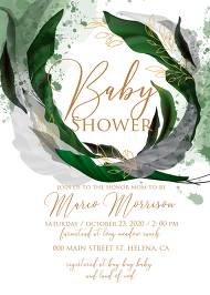 Baby shower wedding invitation set watercolor splash greenery floral wreath, floral herbs garland gold frame 5x7 in editor