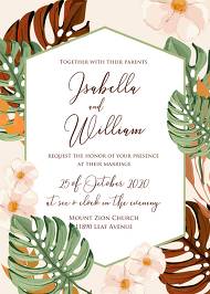 Boho tropical monstera green terracotta palm leaves flower wedding invitation set 5x7 in customizable template