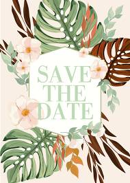 Boho tropical monstera green terracotta palm leaves flower wedding save the date invitation set 5x7 in online maker