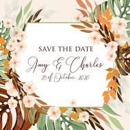 Boho tropical monstera green terracotta palm leaves save the date wedding invitation set 5,25x5,25 in customize online