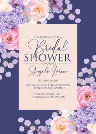Bridal shower invitation pink peach peony hydrangea violet anemone eucalyptus greenery pdf custom online editor 5x7