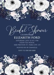 Bridal shower invitation set white anemone flower card template on navy blue background 5x7 in personalized invitation