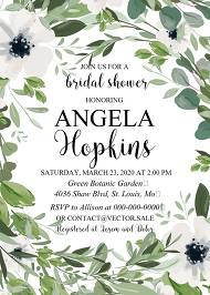 Bridal shower invitation watercolor greenery herbal and white anemone 5x7 in edit online