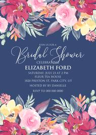 Bridal shower invitation watercolor wedding marsala peony pink rose navy blue background 5x7 in pdf