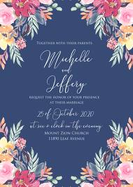 Bridal shower invitation watercolor wedding marsala peony pink rose navy blue background 5x7 in pdf online editor