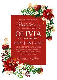 Bridal shower tropical flower red hibiscus greenery hippophae wedding invitation set 5x7 in invitation maker