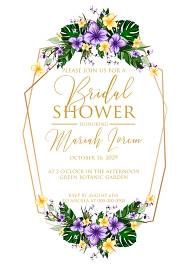Bridal shower wedding invitation set tropical violet yellow hibiscus flower palm leaves 5x7 in edit online