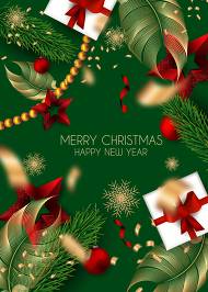 Christmas Invitation Greeting Card fir gold feather gift box snowflake pearl balls confetti star