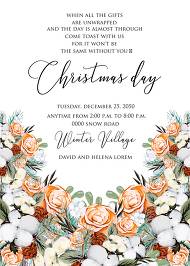 Christmas Party Invitation cotton winter wedding invitation fir peach rose wreath customizable template