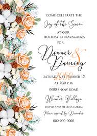 Christmas Party Invitation cotton winter wedding invitation fir peach rose wreath customize online