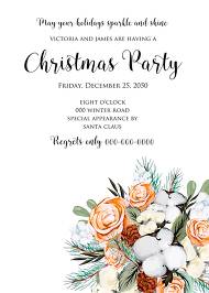 Christmas Party Invitation cotton winter wedding invitation fir peach rose wreath instant maker