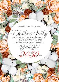 Christmas Party Invitation cotton winter wedding invitation fir peach rose wreath instant maker