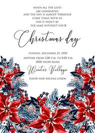 Christmas party invitation red poinsettia winter flower berry fir floral wreath 5x7 in customizable template